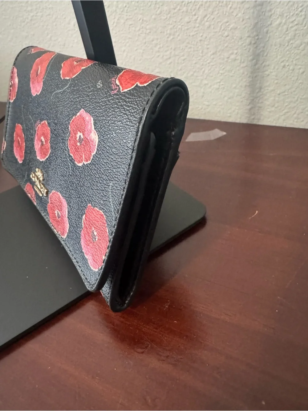 Coach Black Wallet with Red and Pink Floral Print